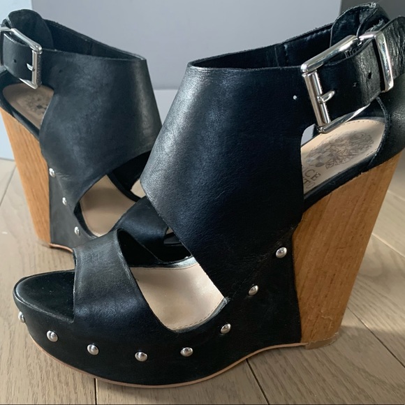 Vince Camuto wedges, size US 5, 5”heels, black leather+wood - Picture 3 of 3